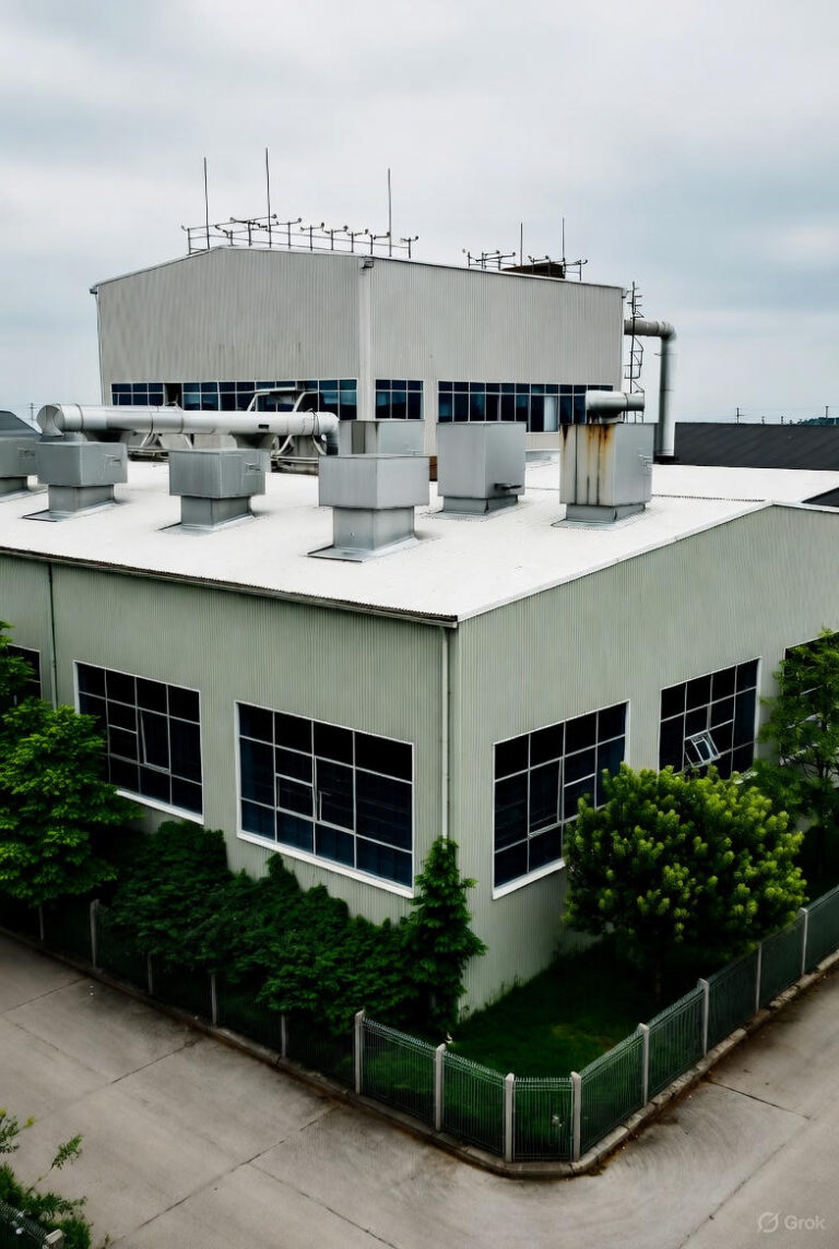Moderne industribygning med metalventilation på taget, store vinduer og grønne buske omkring