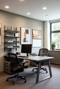 Et lyst og roligt minimalistisk kontorlokale med gråt skrivebord, stor computerskærm, tastatur og mus. På væggen hænger hylder med netværksudstyr, routere og kabler samt et abstrakt kunstværk i sort, hvid og rød.