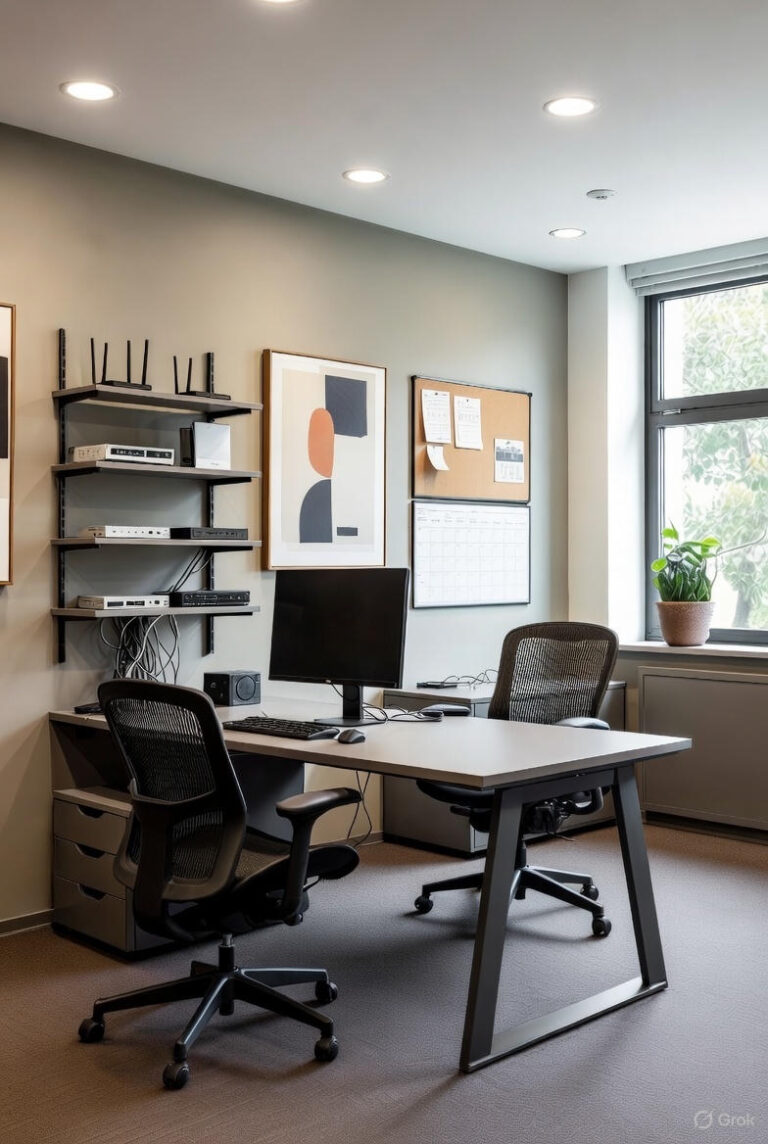 Et lyst og roligt minimalistisk kontorlokale med gråt skrivebord, stor computerskærm, tastatur og mus. På væggen hænger hylder med netværksudstyr, routere og kabler samt et abstrakt kunstværk i sort, hvid og rød.